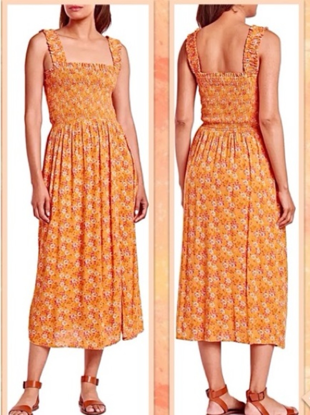 Wayf Orange Midi Smocked Floral Sundress Size S